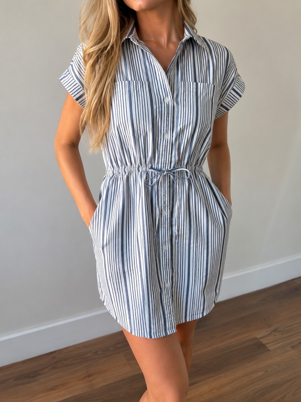 Japna women's button up belt dress striped 100% cotton white blue size M
